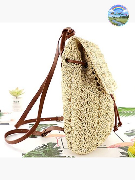 Women Paper Straw Woven Backpack Flap Drawstring Shoulder Bag Beach Daypack main image 4